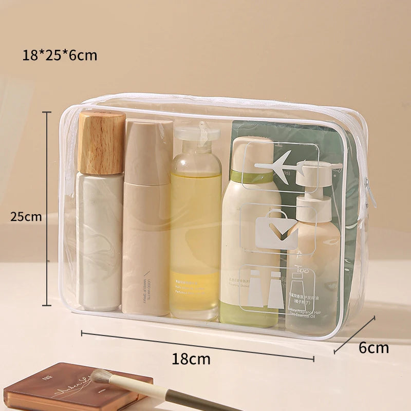 Clear PVC toiletry bag containing various skincare and cosmetic bottles and tubes