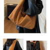 A tan suede shoulder tote bag is shown being carried on a person's shoulder in multiple views.