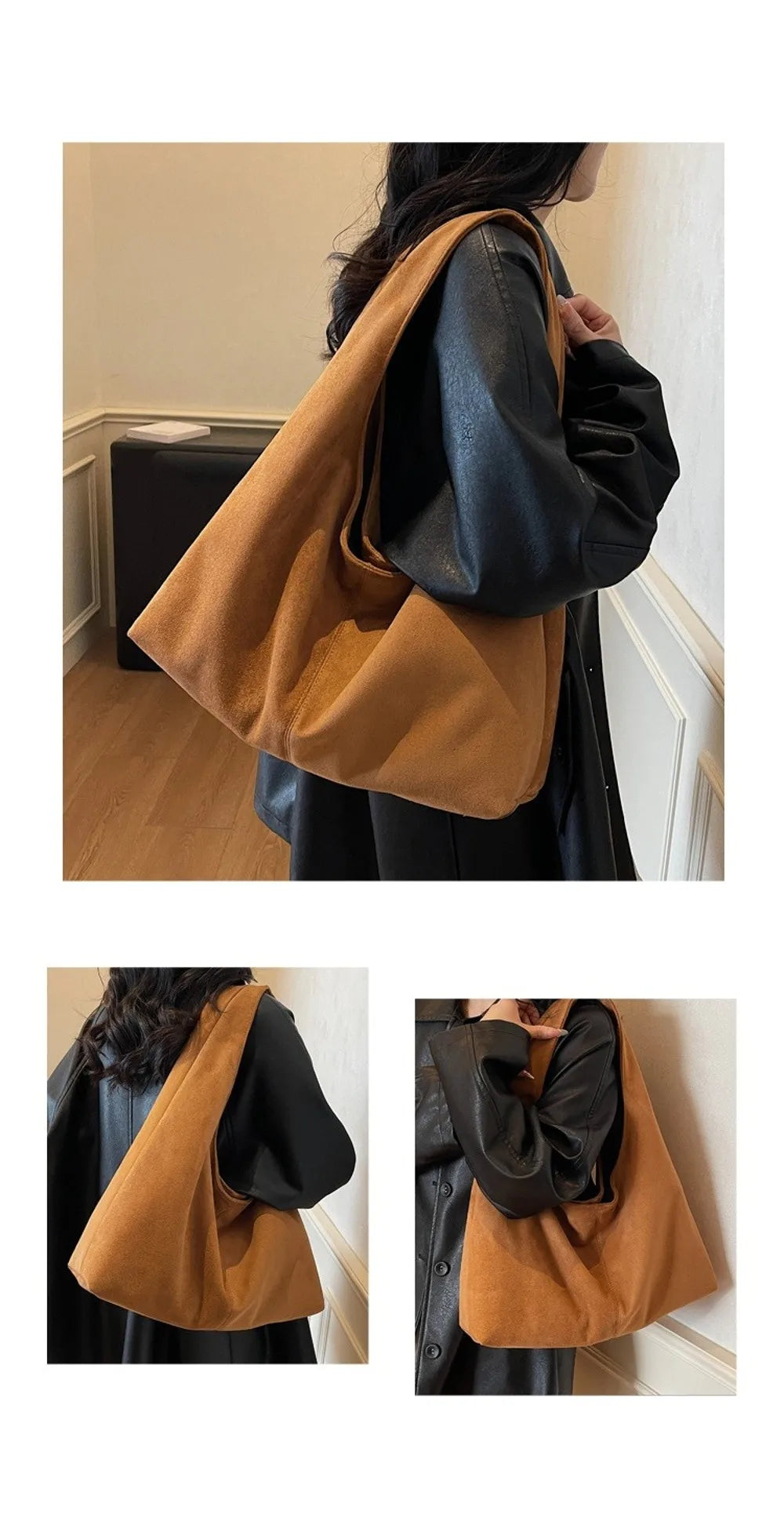 A tan suede shoulder tote bag is shown being carried on a person's shoulder in multiple views.