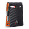 A black slim leather wallet with a carbon fiber texture, showing an RFID-blocking feature.
