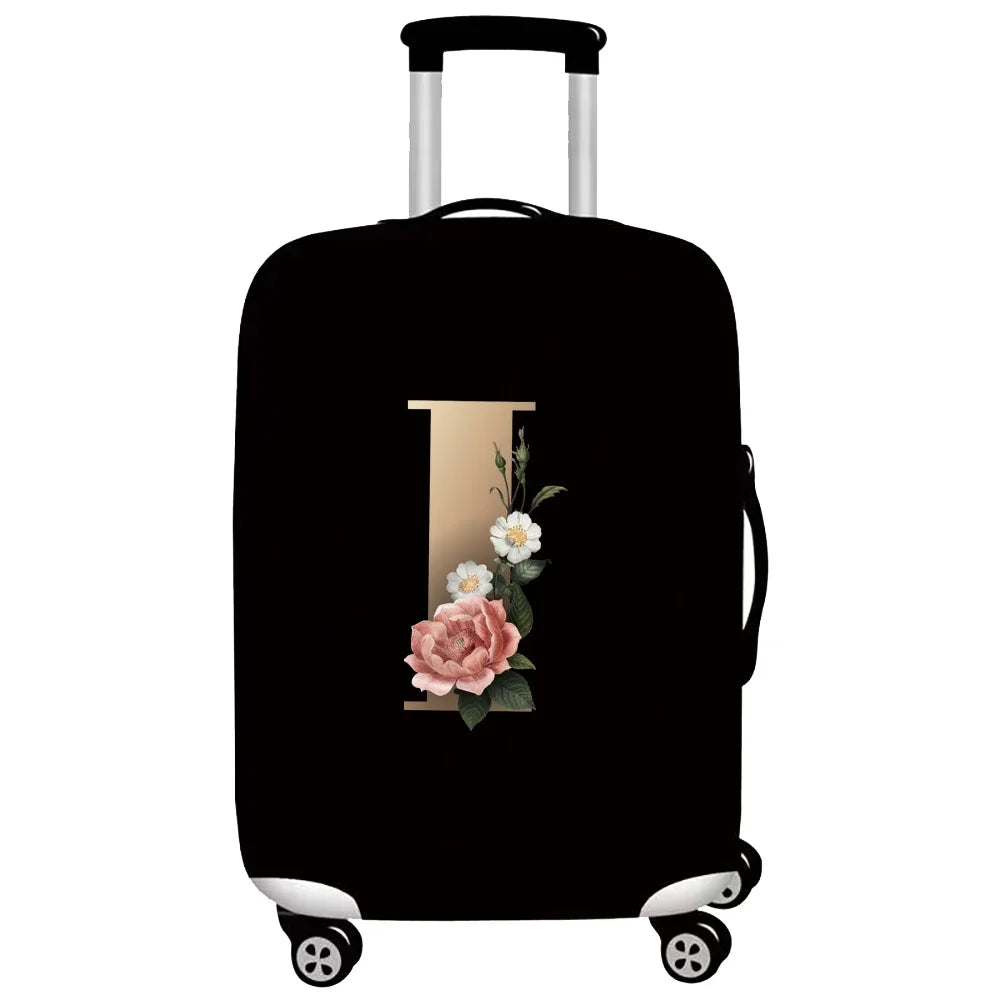 Black premium stretch luggage protective cover with a floral design