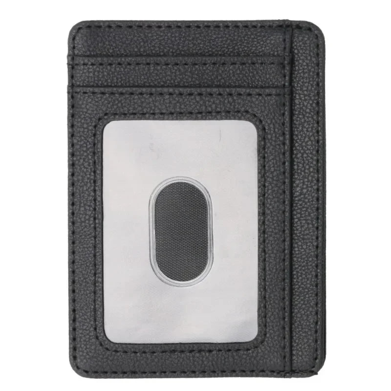 A black slim PU leather card holder wallet with a rectangular slot for holding cards.