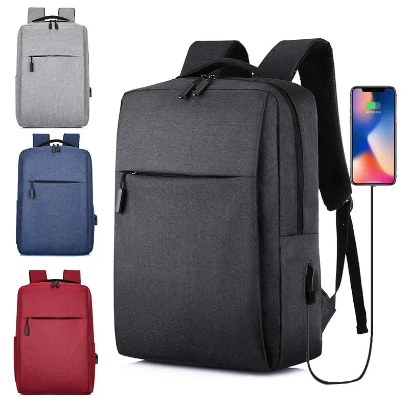 A black laptop backpack shown with various color options and a smartphone for scale.
