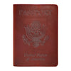A dark red leather passport holder embossed with the United States of America eagle seal and text.