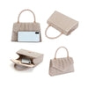 A beige lightweight crossbody evening bag shown in three views.