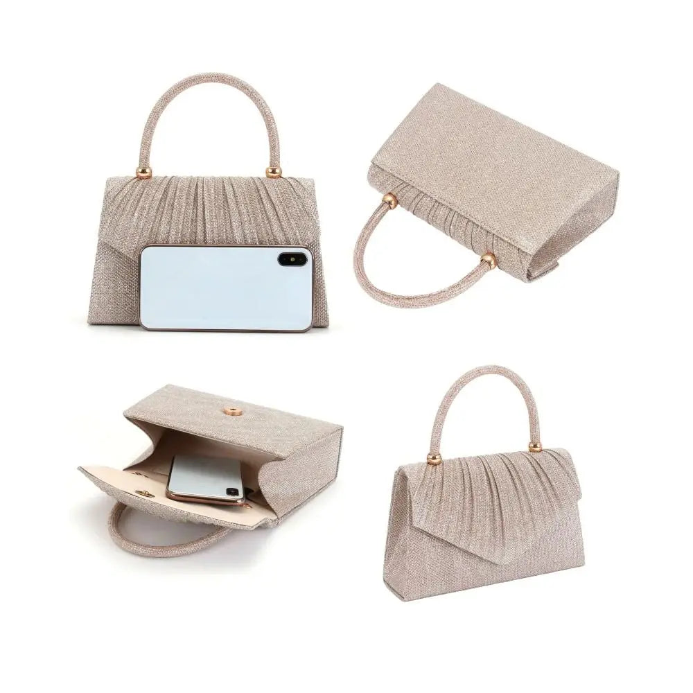 A beige lightweight crossbody evening bag shown in three views.