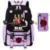 Schwarzer und violetter Canvas-Schulrucksacksatz mit Hello Monsters-Grafiken und Gruppenfoto.