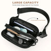 Black waterproof crossbody waist bag with an adjustable strap, shown open displaying various small items.