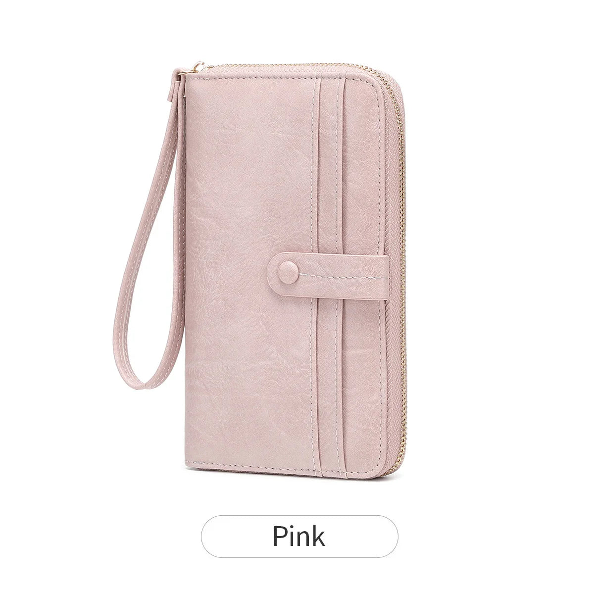 A light pink PU leather zipper clutch wallet for phone and cards.