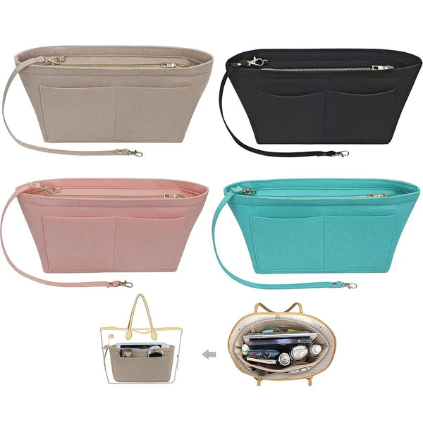 Trois pochettes cosmétiques en feutre beige, noir et sarcelle, avec un panier de rangement à cadre doré.
