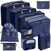 A set of dark blue fabric storage organizers including various sized pouches and a zippered case.