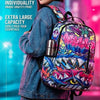 A woman wearing a denim jacket and jeans holds a colorful graffiti print backpack against a blurred, vibrant background.
