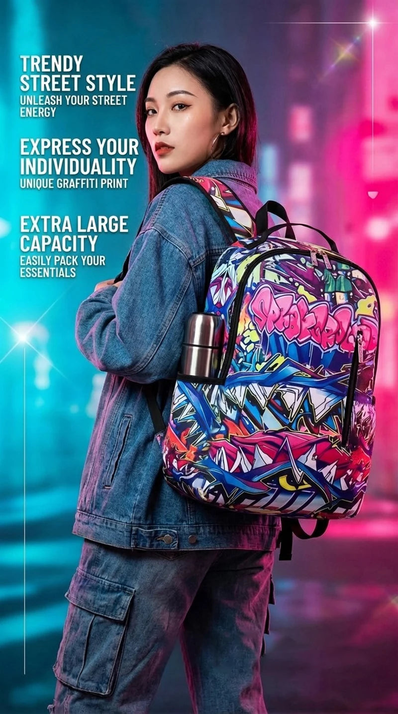 A woman wearing a denim jacket and jeans holds a colorful graffiti print backpack against a blurred, vibrant background.