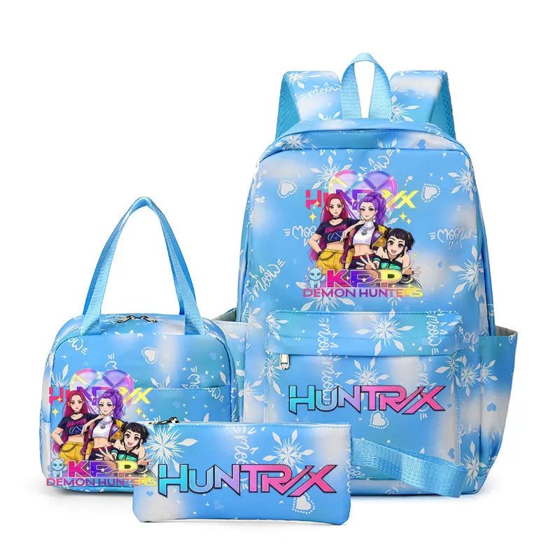 A blue multi-compartment backpack set featuring a main backpack and an attached pouch with a Demon Hunter theme.