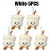 Five white bread plush keychains with striped straws and brown feet