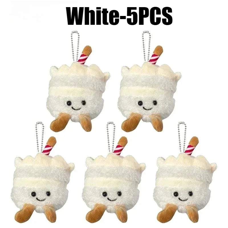 Five white bread plush keychains with striped straws and brown feet