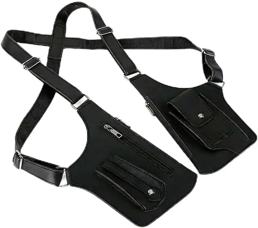 Black leather adjustable crossbody bag with a strap and flap