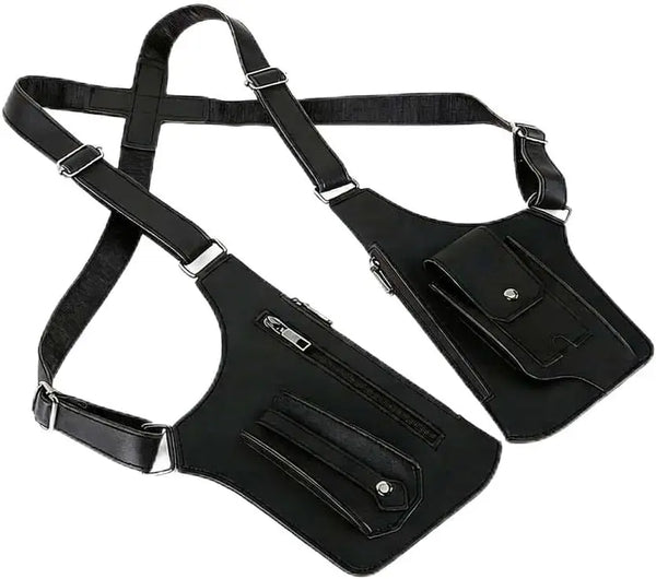 Black leather adjustable crossbody bag with a strap and flap