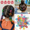 A set of colorful vintage star hair clips in various colors are displayed alongside a person with styled hair.