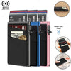 A black metal RFID blocking card holder with multiple slots and a pink version shown alongside an RFID reader.