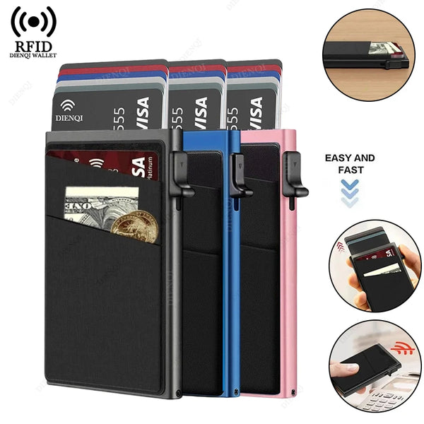 A black metal RFID blocking card holder with multiple slots and a pink version shown alongside an RFID reader.