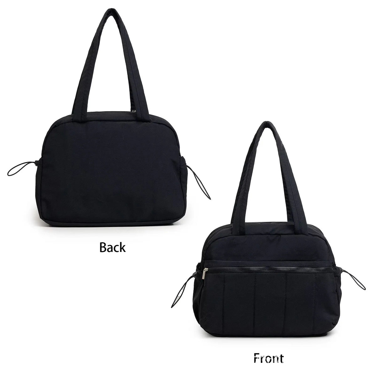 Black versatile large capacity travel and fitness bag shown from the back and front views