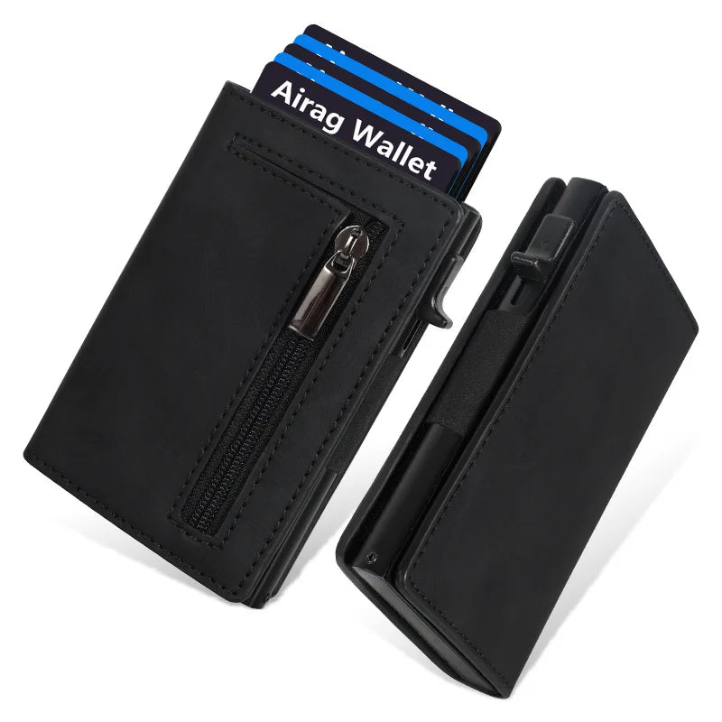 A black minimalist magnetic wallet is shown next to a blue card labeled Airag Wallet.