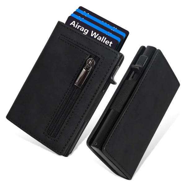 A black minimalist magnetic wallet is shown next to a blue card labeled Airag Wallet.