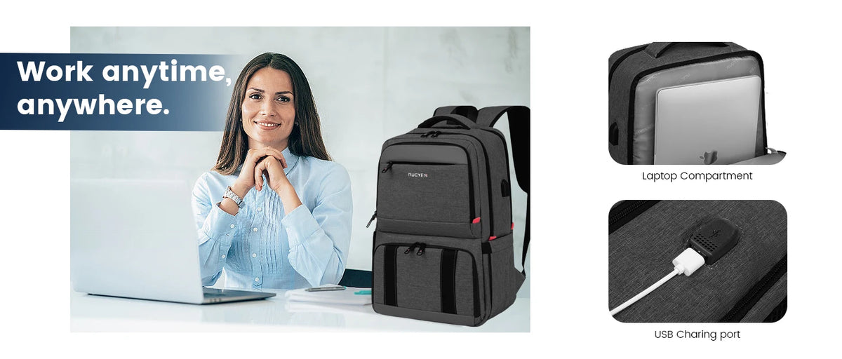 A woman is shown using a black insulated lunch and picnic backpack next to a laptop.