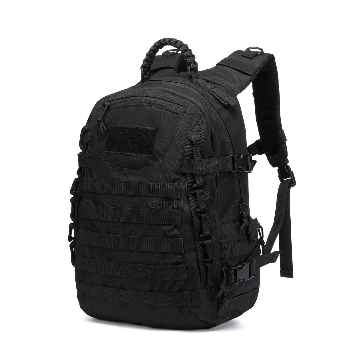 Black tactical waterproof backpack with adjustable straps and webbing.