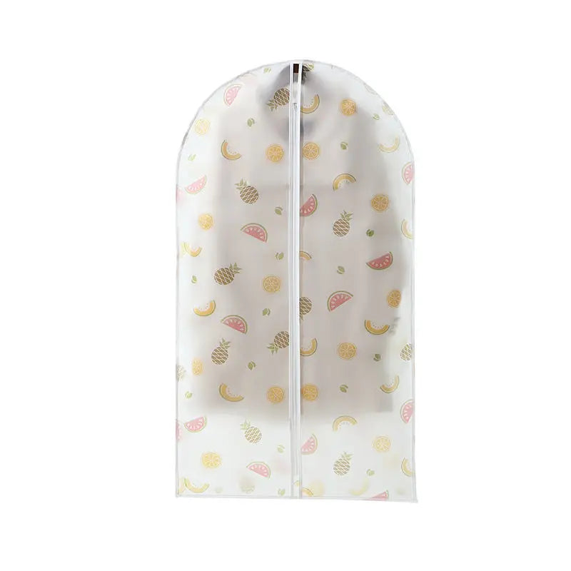 Clear garment dust covers for hangers with a pattern of pastel fruit shapes