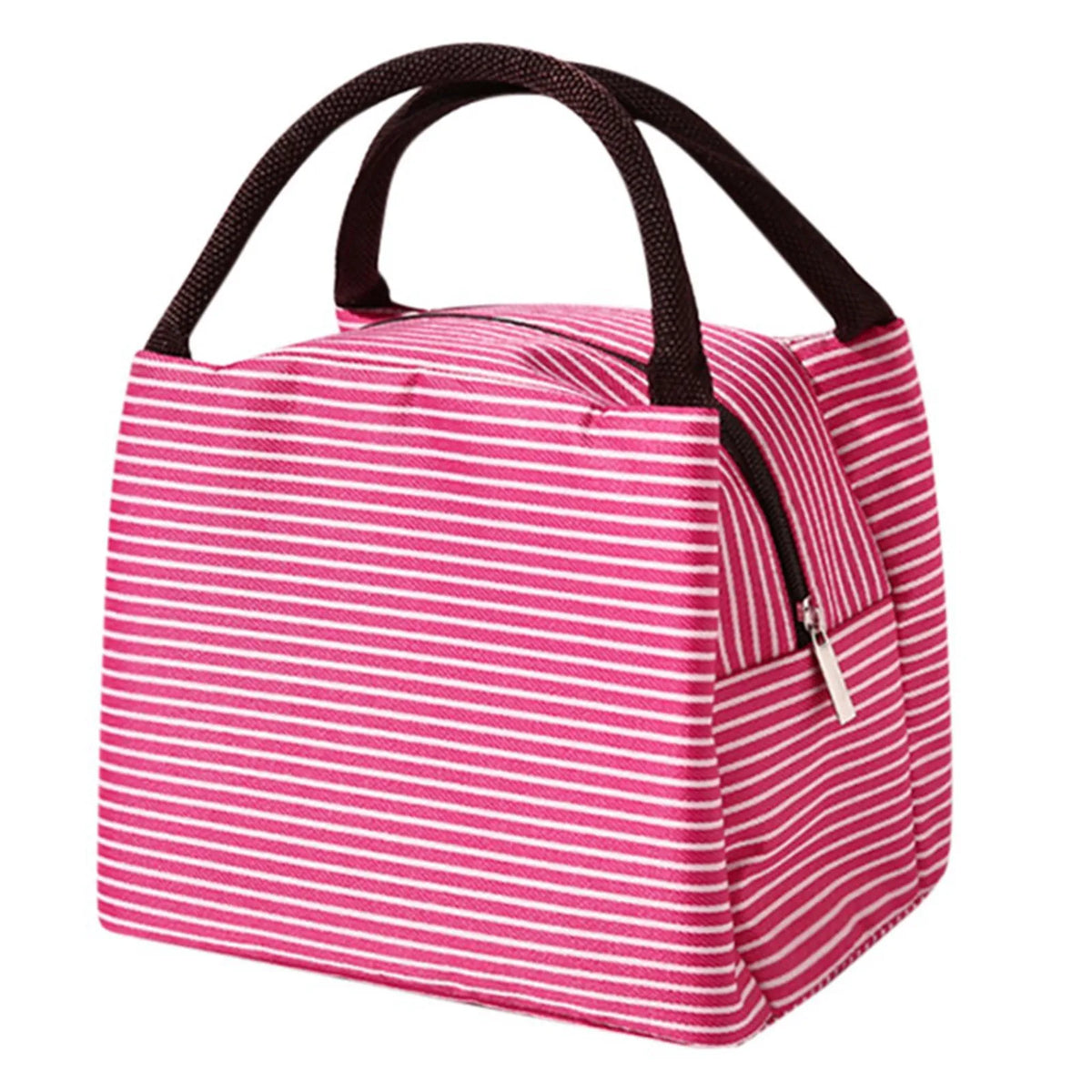 Pink and white striped insulated lunch tote bag with a black adjustable shoulder strap