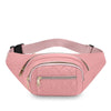 A pink quilted nylon crossbody belt bag with a zipper detail.