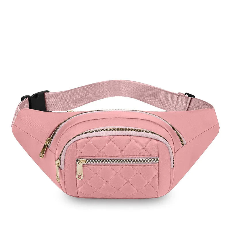A pink quilted nylon crossbody belt bag with a zipper detail.