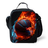 A black sports backpack featuring a fiery orange and blue graphic of a basketball.
