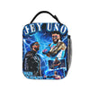 A black lunch bag featuring a vintage print of a muscular man with blue lightning effects and the text JEY USO