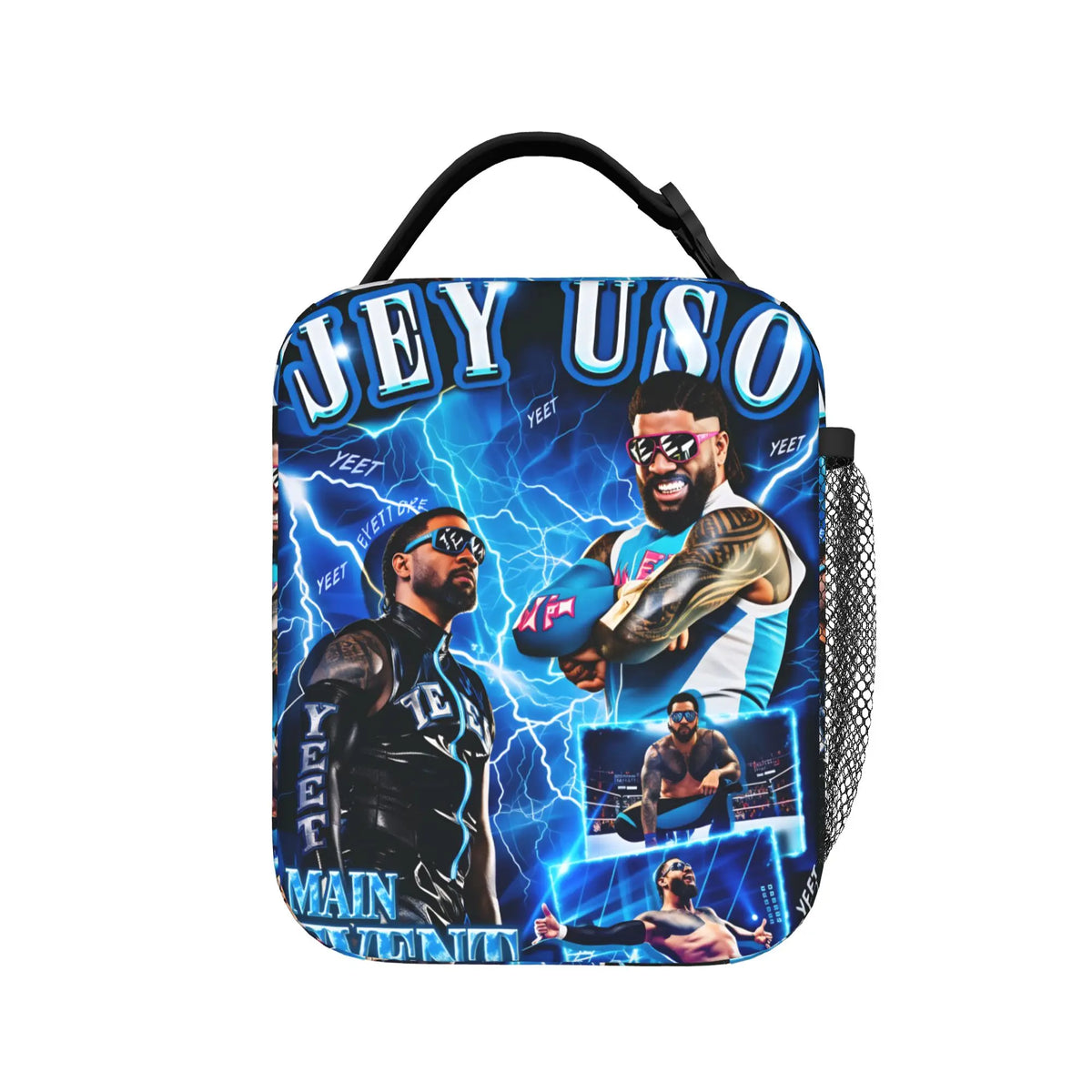 A black lunch bag featuring a vintage print of a muscular man with blue lightning effects and the text JEY USO