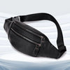 Bolso cruz de cuero negro genuino con cremallera y correa ajustable.