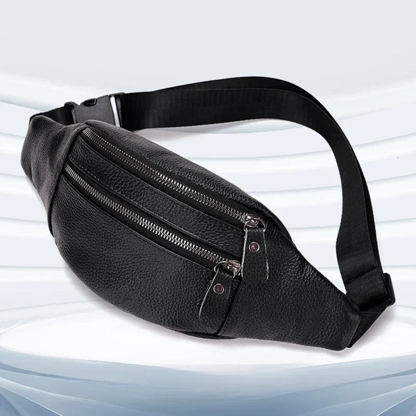 Black genuine leather crossbody waist bag with a zipper and adjustable strap.