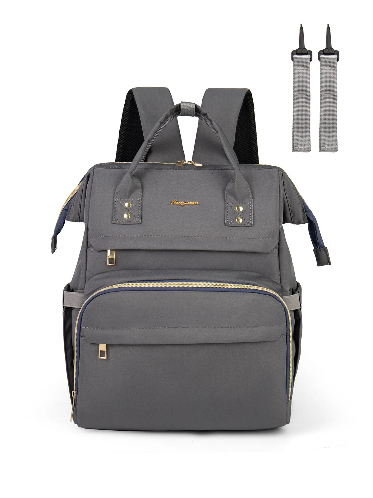 Graue, große Still- und Muttermilch-Windeltasche mit verstellbaren Riemen und vielen Taschen.