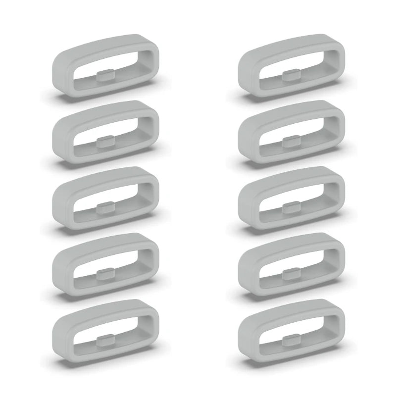 A set of five gray silicone watch strap retainer rings shown in various angles.