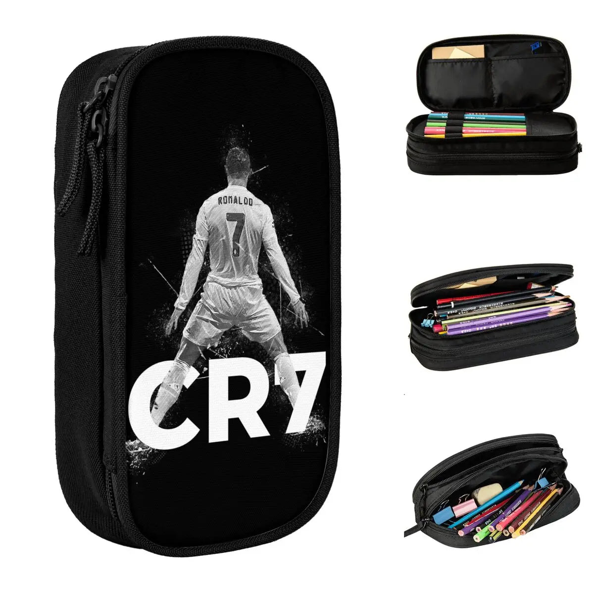 Black zippered pencil case featuring a Cristiano Ronaldo graphic on the front