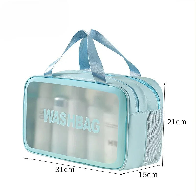 Bolsa de maquillaje y tocador de plástico azul claro para separar líquidos, con ventana transparente y correa de tela.