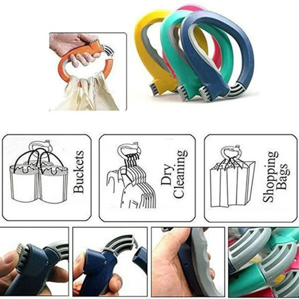Various colors of the D-Type portable grocery bag carrier, showing its use for carrying bags and cleaning.