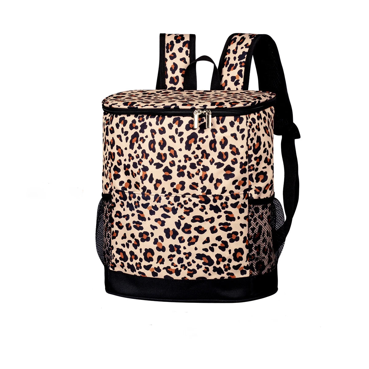 A patterned leopard print backpack with black trim and a black strap.