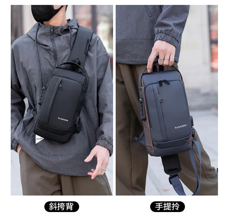 A man is shown wearing a black anti-theft zippered crossbody bag on his shoulder and hand.