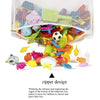 A white mesh bag filled with various colorful bath toys and accessories.