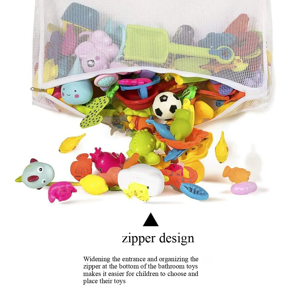 A white mesh bag filled with various colorful bath toys and accessories.