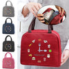 A red insulated canvas lunch bag featuring various food icons and a time to eat graphic.
