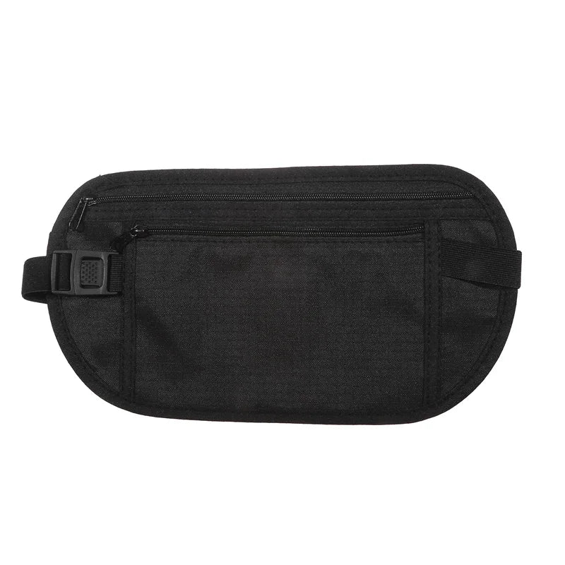 Black invisible waist pack designed for travel and security.